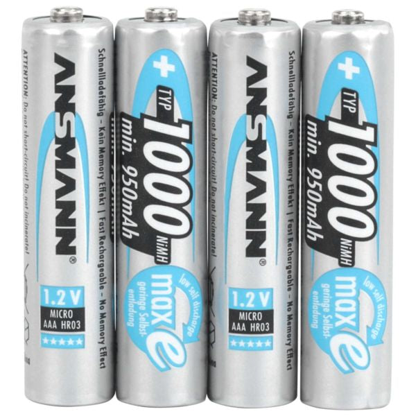 Ansmann High Capacity Max-E AAA HR03 1000mAh Pre-Charged Rechargeable Batteries | 4 Pack
