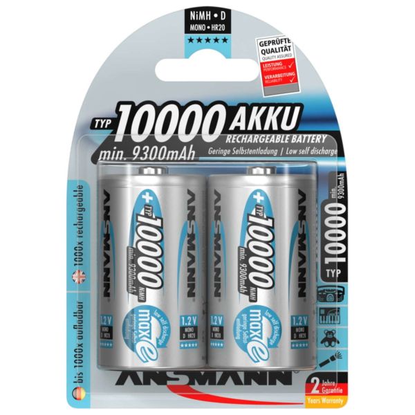 Ansmann High Capacity D HR20 10000mAh Pre-Charged Rechargeable Batteries | 2 Pack