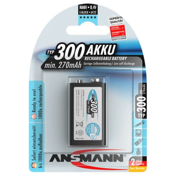 Ansmann Max-E 9V PP3 HR22 300mAh Pre-Charged Rechargeable Batteries | 1 Pack