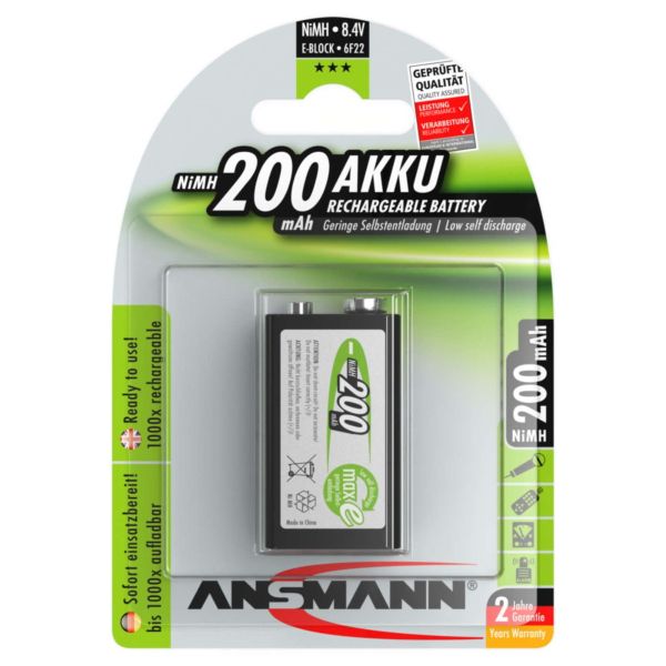 Ansmann Max-E 9V PP3 HR22 200mAh Pre-Charged Rechargeable Batteries | 1 Pack