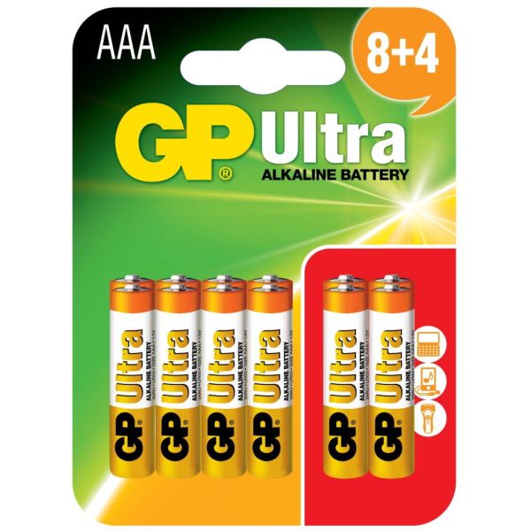 GP Ultra AAA LR03 Alkaline Batteries | 8+4 (12) Pack